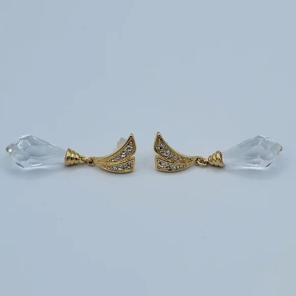 Vintage Gold Tone Earrings Crystal Teardrop #2271 - Picture 5 of 10